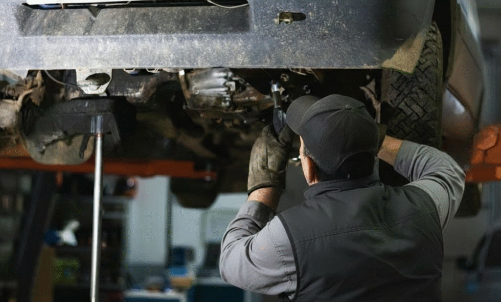 Mechanic removing brake caliper to inspect and replace brake pads and rotors